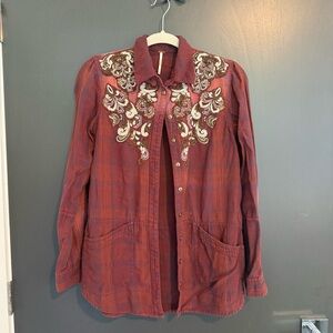 Free People Embroidered Maroon Plaid Button Down